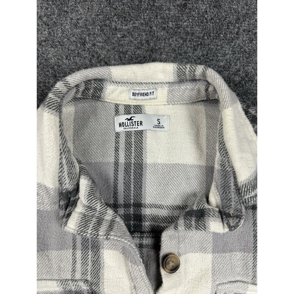 Hollister Boyfriend Fit Flannel Shirt Shacket Gray White Plaid Pockets Sz Small - Picture 2 of 7